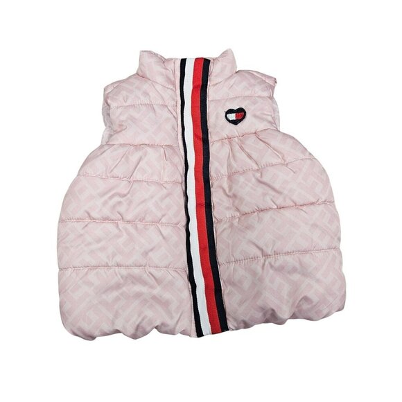 Tommy Hilfiger Baby Girl Puffer‎ Vest 12M Pink Quilted Heart Stripe Zipper Snap - Picture 1 of 8